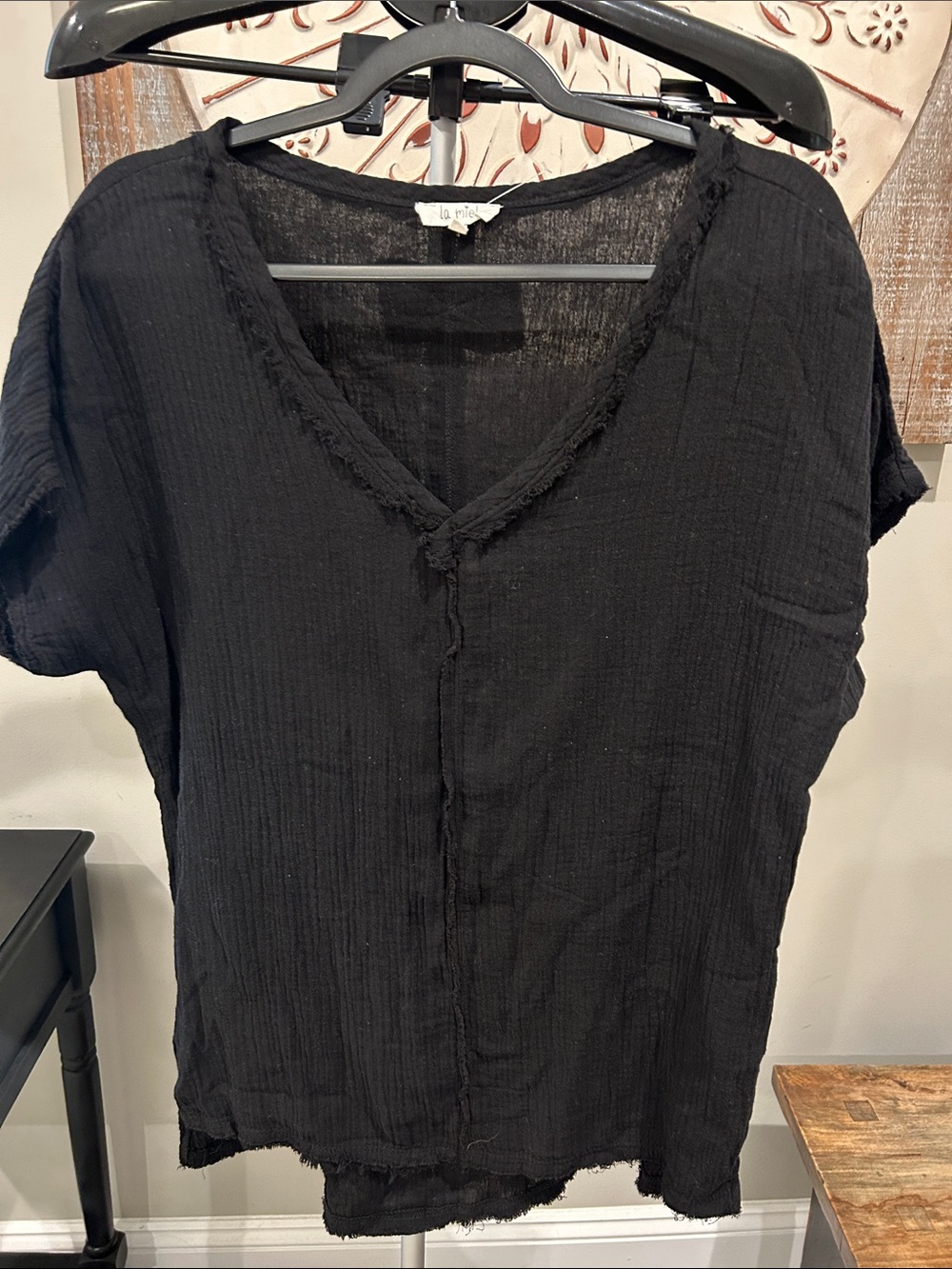 La Miel Women’s Black Cotton V-Neck Short Sleeve Top/Tunic Size Small
